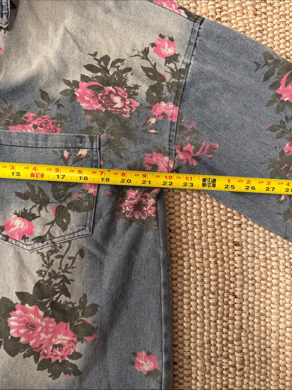 Floral Denim Button-Up Jean Shirt with Pink Roses. Rustic western cowgirl rodeo - Picture 7 of 8